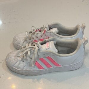 Adidas Kids White Sneakers with Pink Stripes